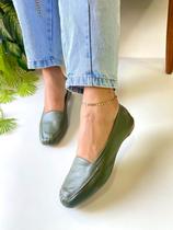 Mocassim Feminino Verde Militar Couro Legítimo Sapatilha Bico Quadrado Marca Nilza Camargos