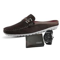 Mocassim Mule Masculino Em Camurça Café LA FAIRE Com Carteira Slim TUMS e Relógio