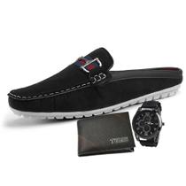 Mocassim Mule Masculino Em Camurça Preto LA FAIRE Com Carteira Slim TUMS e Relógio Mocassim Mule Masculino Em Camurça Preto LA FAIRE Com Carteira Slim TUMS e Relógio