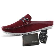 Mocassim Mule Masculino Em Camurça Vermelho LA FAIRE Com Carteira Slim TUMS e Relógio Mocassim Mule Masculino Em Camurça Vermelho LA FAIRE Com Carteira Slim TUMS e Relógio