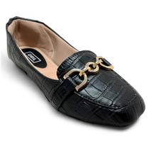 Mocassim Sapatilha Feminino Croco Bico Quadrado Enfeite Dourado