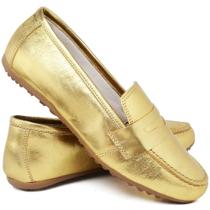 Mocassim Sapato Feminino Comfort de Couro dourado