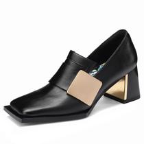 Mocassins femininos de couro TDD pretos de salto baixo, bico quadrado, tamanho 10