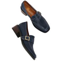 Mocassins femininos MOOMMO azuis com salto bloco grosso e bico quadrado 5 cm