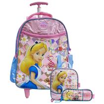 Mochila Alice No País Das Maravilhas De Rodas Lancheira Térmica e Estojo Dois Bolsos Disney Escolar
