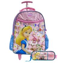 Mochila Alice No País Das Maravilhas Escolar De Rodas Com Estojo Dois Compartimentos Disney Infantil