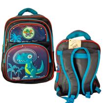 Mochila Alto Relevo 4 Zíperes Dinossauro espacial Preto e Azul