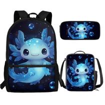 Mochila axolotl azul SCRAWLGOD com lancheira para crianças e meninas do 4º ano do ensino fundamental, conjunto de mochilas e lancheiras 3 em 1, mochila para estudantes do ensino médio, 8-10/6-8/4-6, mochila escolar infantil, lancheira, estojo de lápis