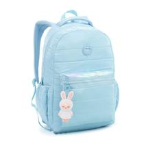 Mochila Azul 18 Material Escolar Fofa Kawaii Passeio Chaveiro Coelhinho 2 Divisórias Reforçada Linda