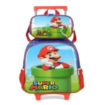 Mochila Azul Super Mario Com Rodinhas E Lancheira - Luxcel Mochila Azul Super Mario Com Rodinhas E Lancheira - Luxcel