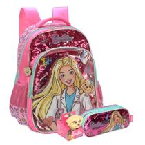 Mochila Barbie Costas Paetê Luxcel Glitter Feminina Escolar Rosa com Estojo e Pet - Mattel