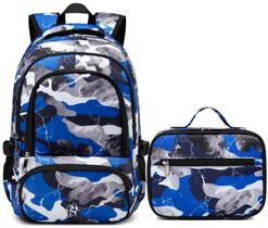 Mochila BLUEFAIRY Boys com lancheira para crianças Camo Blue