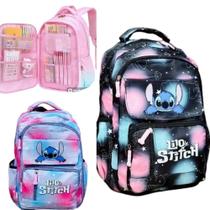 Mochila Bolsa Escolar Fichário Menina Lilo Stitch Infantil Rosa Azul