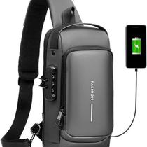 Mochila Bolsa Transversal Masculina com Cadeado à Prova Dágua Antiroubo Preta com USB