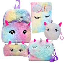 Mochila Bolsas Estojo Caderno Kit Escolar Pelúcia Unicórnio