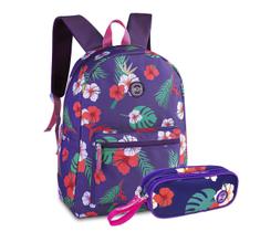 Mochila Clio Cross Costas com Estojo Estampa Floral Juvenil