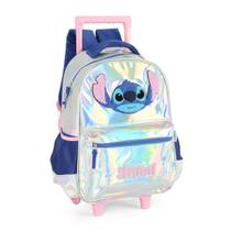 Mochila Com Carrinho Prata Stitch Disney Holográfica Luxcel