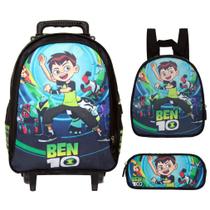 Mochila com Rodas Infantil Ben 10 + Estojo e Lancheira Preta