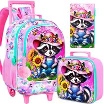 Mochila con ruedas AGSDON 3 piezas para niñas con lonchera, mapache Mochila con ruedas AGSDON 3 piezas para niñas con lonchera, mapache