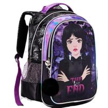 Mochila Costa Escolar Grande Chaveiro Pompom Wandinha Addams - Denlex Mochila Costa Escolar Grande Chaveiro Pompom Wandinha Addams - Denlex