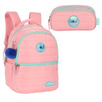 Mochila Costa Infantil Stitch Escolar Salmão Disney e Estojo