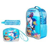 Mochila Costa + Lancheira + Estojo Sharky Tubarão Azul Claro