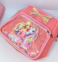 Mochila Costa Mini Bolsa Infantil Menina com Ziper Princesas Disney Barbie com Lacinho Gel Glitter para Passeio Escola