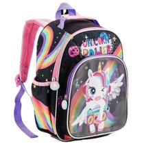 Mochila Costas Escolar Infantil Menina Unicornio Preta Powe Magic