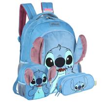 Mochila Costas Pelúcia Stitch Disney Lancheira Estojo Triplo