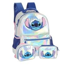 Mochila Costas Stitch Holográfica + Estojo Box + Lancheira Holográfica Stitch