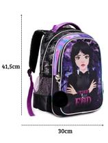 mochila de costa escolar wandinha material holográfica preto-roxo