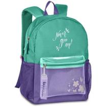 Mochila De Costas Clio Never Give Up Roxo e Verde Escola Escolar Colegio Volta ás Aulas Original Durabilidade Confortável Trabalho Adulto Menina Adole