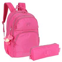 Mochila de Costas e Estojo Up4you Rosa com Chaveiro Cachorro