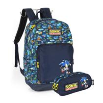 Mochila De Costas Escolar Azul Preta Sonic Gamer Com Estojo Triplo Original Luxcel