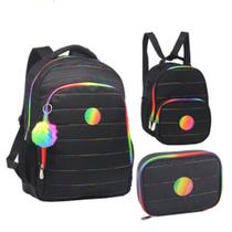 Mochila De Costas Escolar Juvenil 18” Estampa Liso Feminina Com Lancheira Térmica E Estojo