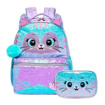 Mochila De Costas + Estojo Box Pack Me Cat Brilhosa