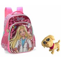 Mochila De Costas G Barbie Veterinária Rosa Paetê Com Pet