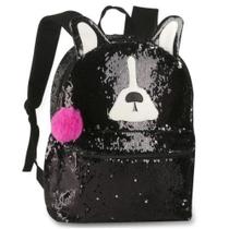 Mochila de Costas Juvenil Feminina Cachorro Paetê com Pompom Clio