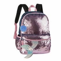 Mochila De Costas Juvenil Sereia Rosa Com Azul Paete Luxo