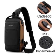 Mochila De Peito e Ombro Masculina Transversal Impermeável USB e Cadeado Antifurto À Prova Dágua Bolsa Pochete