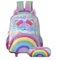 Mochila De Rodas Gatinha Holográfica E Estojo Duplo Meninas