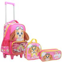 Mochila De Rodinhas Com Lancheira E Estojo Infantil Escolar Feminino De Cachorrinha Rosa Yepp