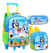 Mochila De Rodinhas E Alça Costas Bluey Lancheira Estojo