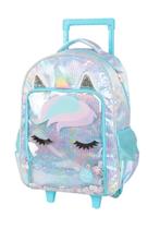 Mochila de rodinhas escolar unicornio azul arco iris