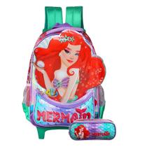 Mochila De Rodinhas + Estojo Duplo Mermaid Feminino Escolar