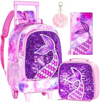 Mochila de Rodinhas Gxtvo para Meninas - Kit com 3 Peças - Tema Sereia