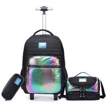 Mochila De Rodinhas Infantil Holográfica Lancheira Estojo