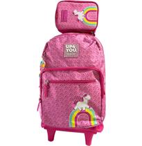 Mochila De Rodinhas Juvenil Com Estojo Unicórnio Rosa