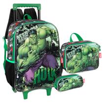 Mochila de Rodinhas + Lancheira + Estojo Hulk Infantil Escolar