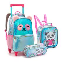 Mochila De Rodinhas + Lancheira + Estojo Panda Paête ul